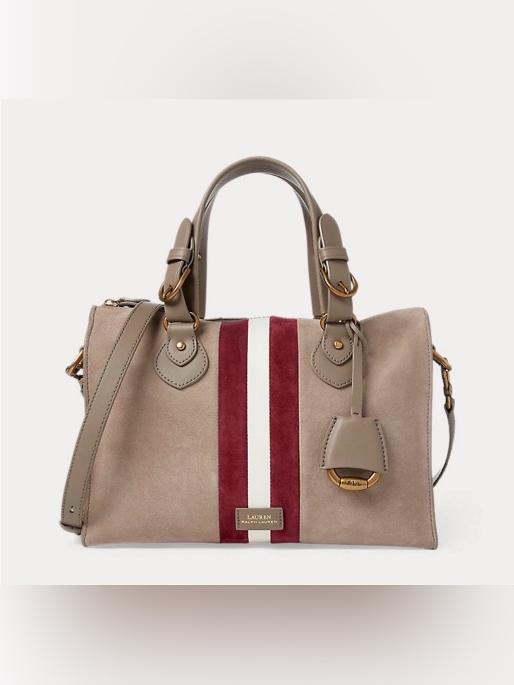 LAUREN Ralph Lauren Taupe Suede Crossbody Bag w/ Red & White Stripes - Like New!